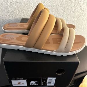 Sorel Tan and Cream Ella  ll puff slide Sandals